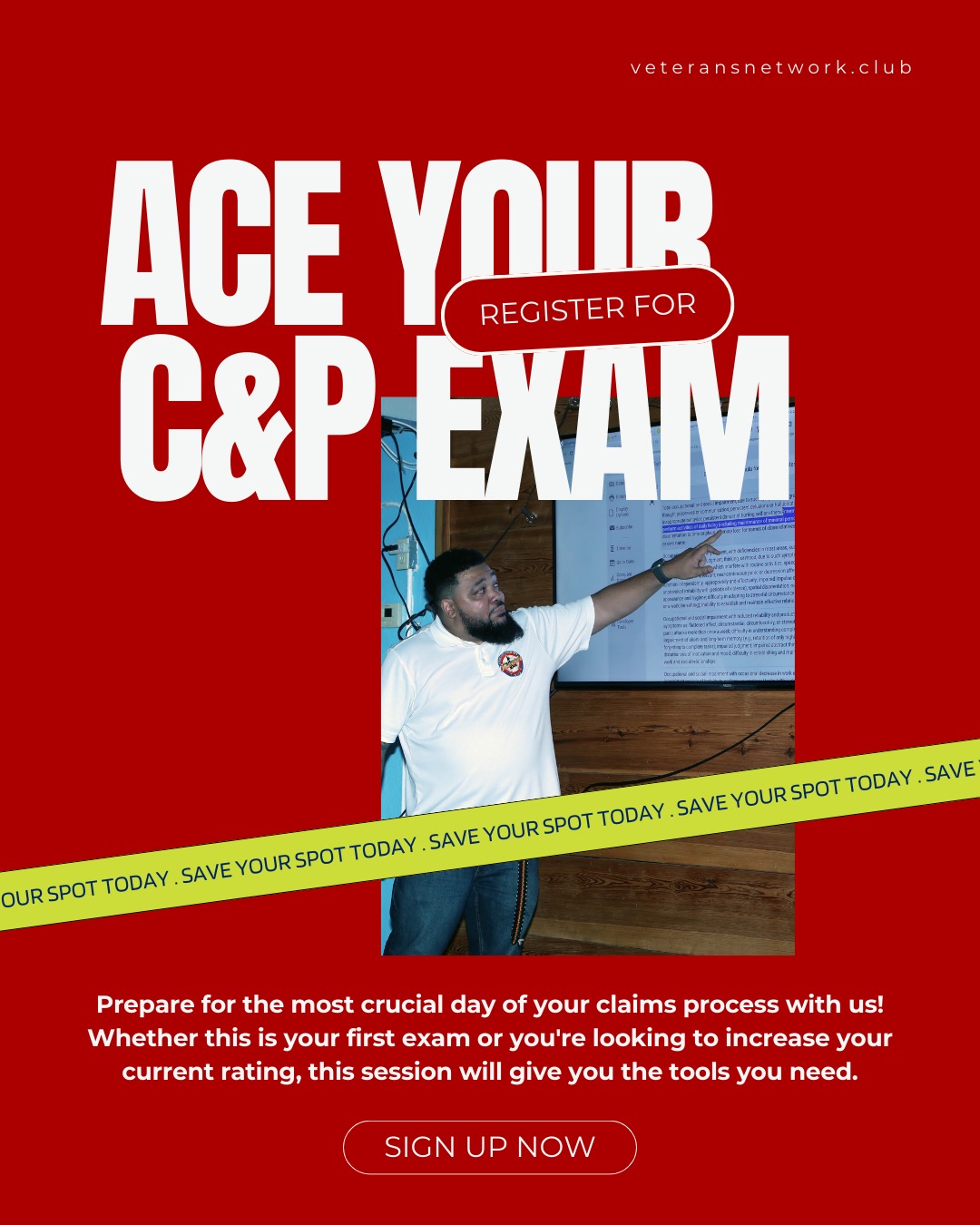 flyer titled ace your c&p exam with picture of founder DP pointing at a screen