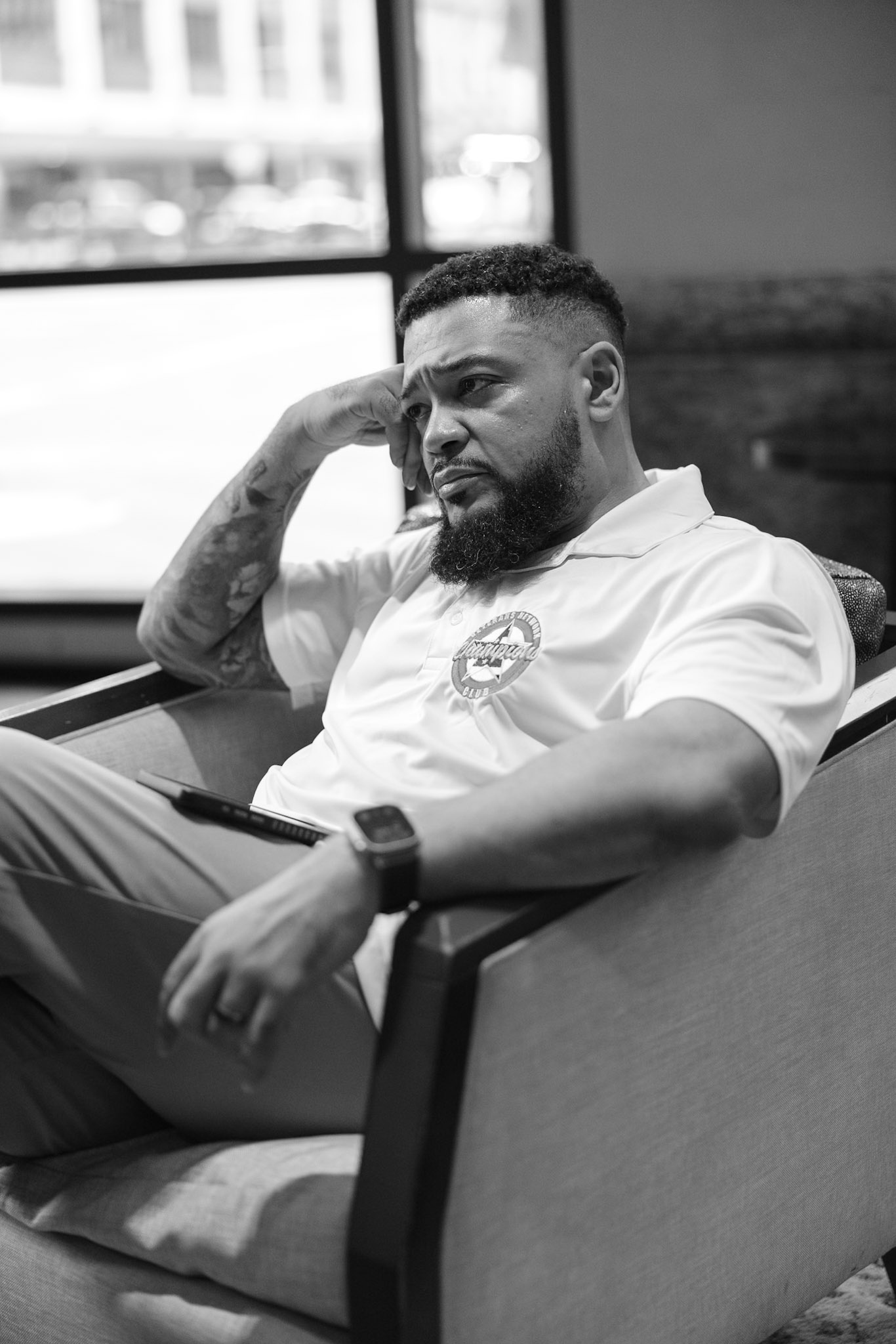DP pensive in black in white picture looking off camera