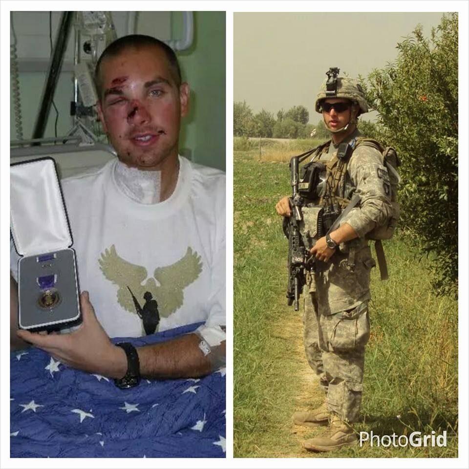 Army veteran Trey holding his purple heart in one picture and picture of trey in service in field gear